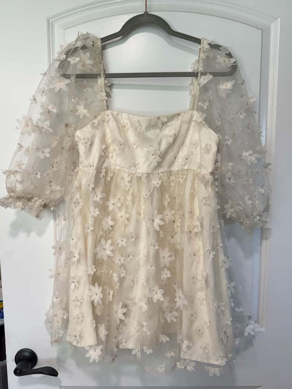 3D Floral Applique Mini Dress Fairycore Coquette Cottagecore Puff Sleeve M